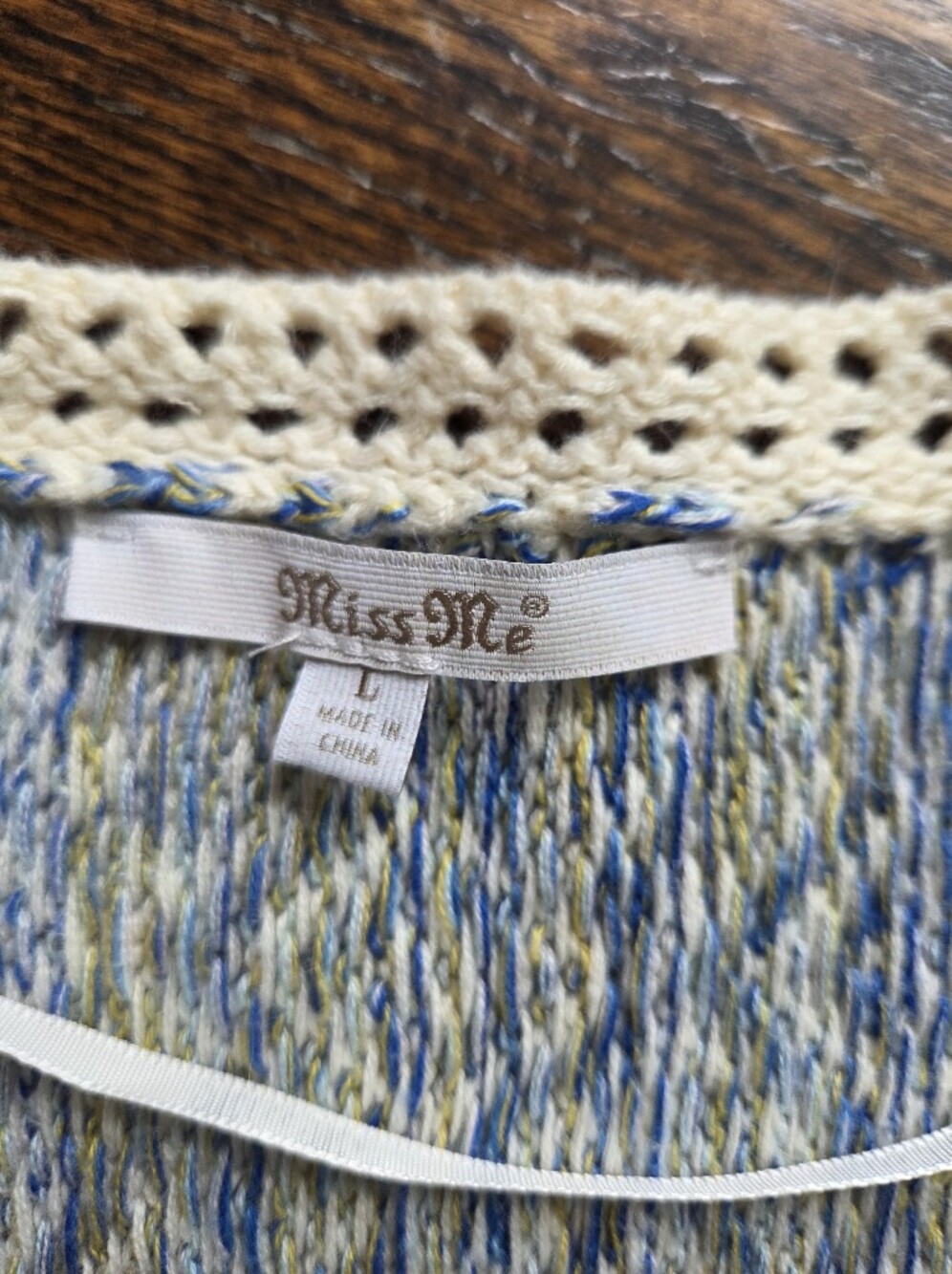 Miss Me Boho Geometric Knit Fringe Sweater Vest Top Blue Cream Large - Picture 3 of 7